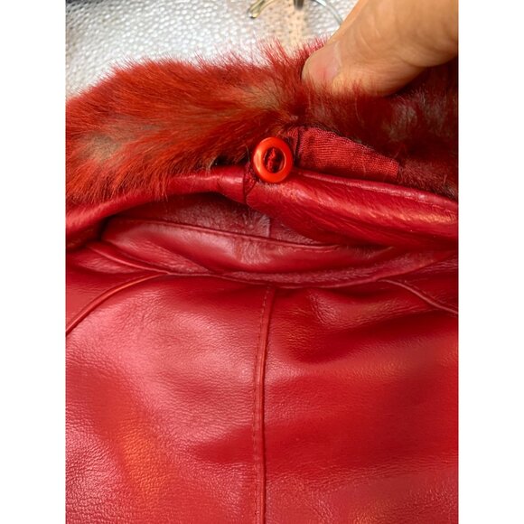 VTG 90s Terry Lewis Red Leather Coat Fur Collar Thermolite Lining XS 9029 NWD - Picture 10 of 16